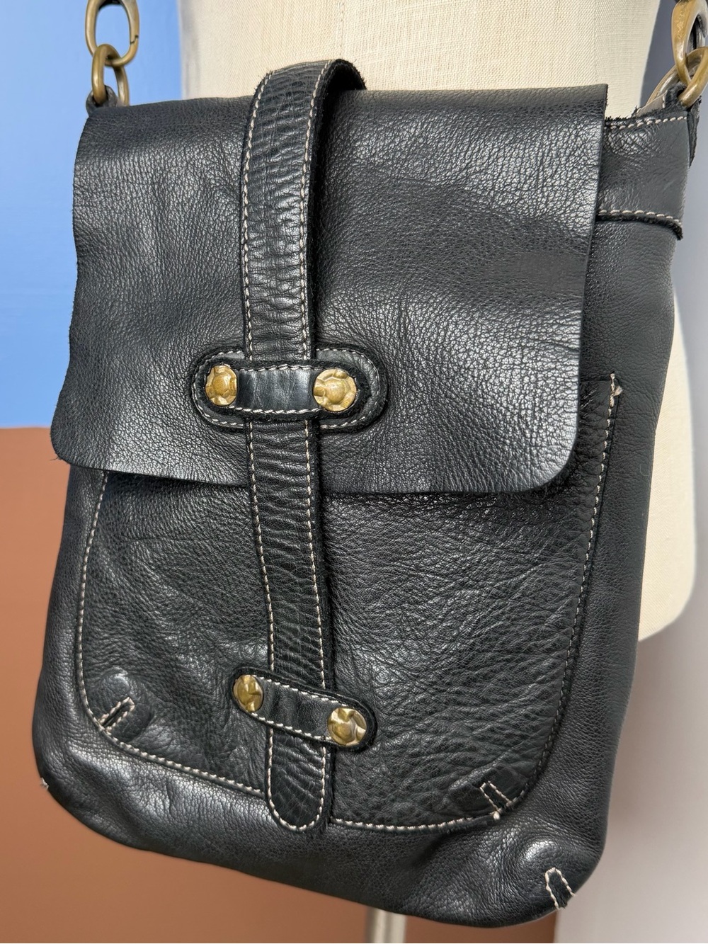 Civico93 Italian Black Soft Leather Bag Purse Crossbody raw edge organic rustic